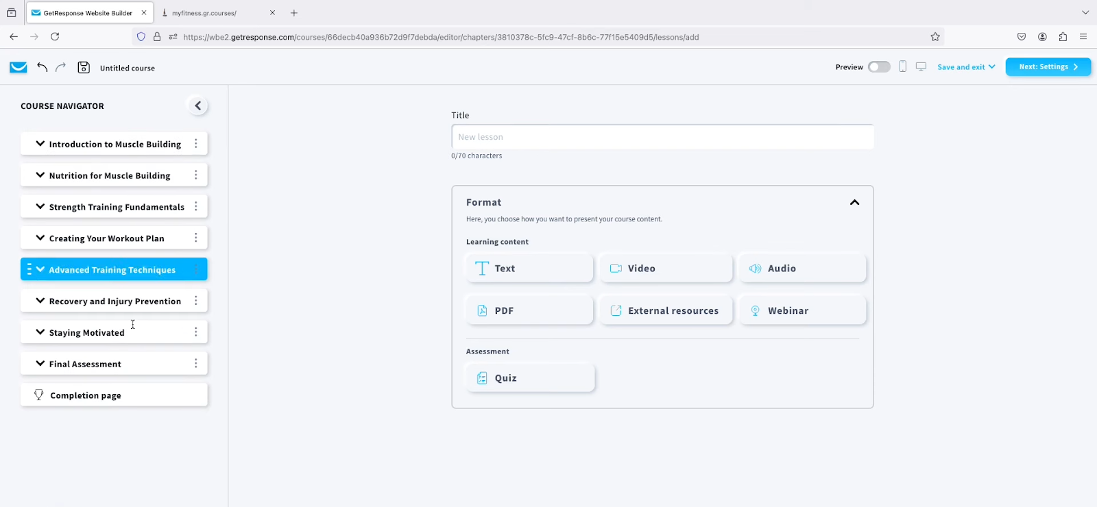 GetResponse course builder with supported formats like text, video, audio, PDF, external resources and webinars